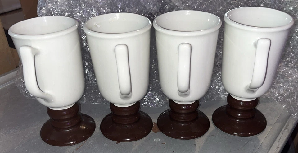 USA HALL Pottery Blanco Espresso Marrón Pedestal Taza Café 12oz 6" Juego De 4 Foto 2 de 4