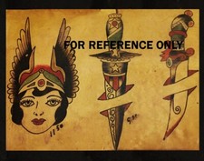 VINTAGE Lady Daggers Colored TATTOO Flash Print