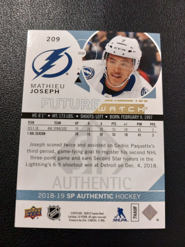 2018-19 SP Authentic MATHIEU JOSEPH #209 #ed 652/999 Future Watch Rookie RC - Image 2 of 2