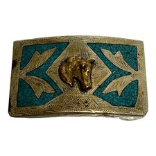 Horse Head turquoise inlaid western hand crafted belt buckle SILVER TONE