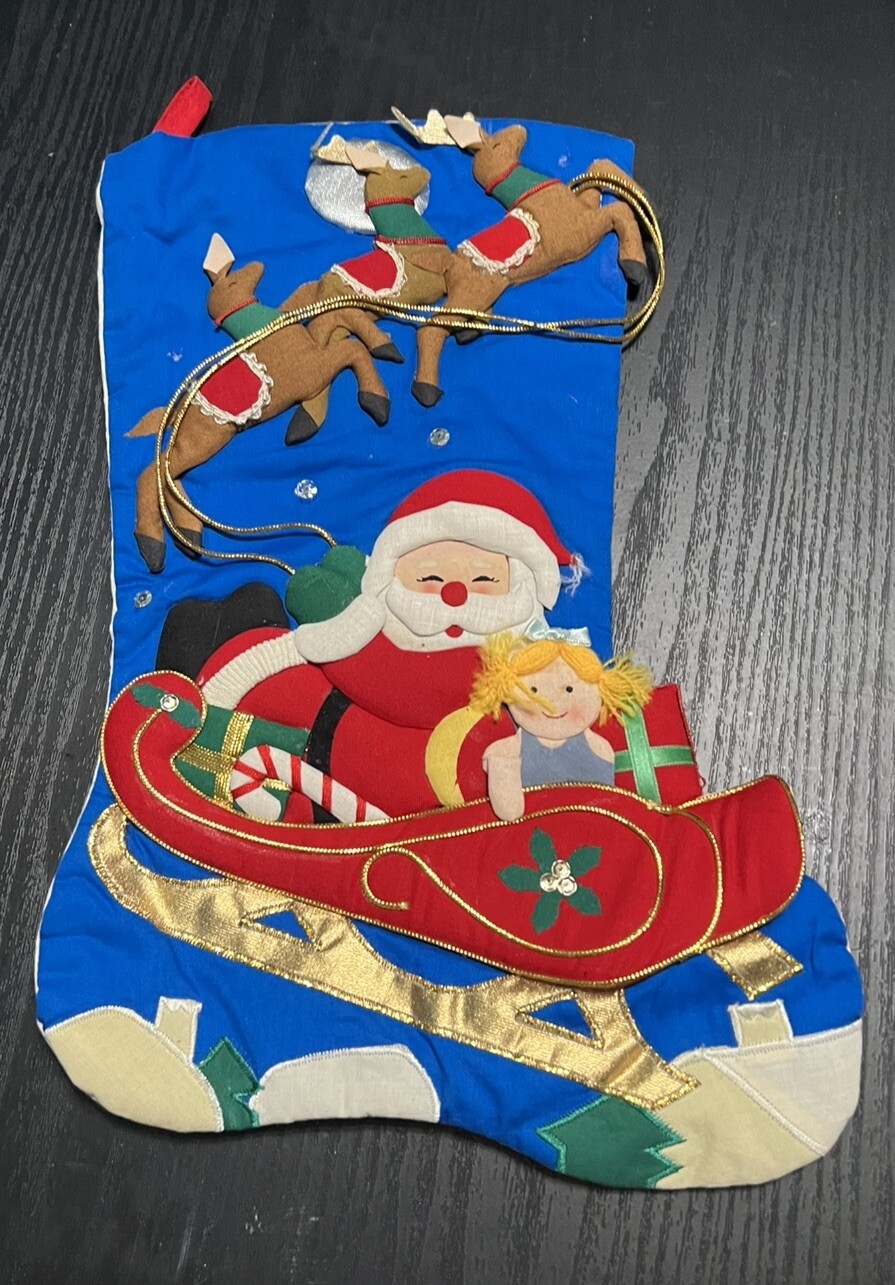 Completed VTG Bucilla Christmas Stocking Santa Flying Sleigh Reindeer Doll 3D