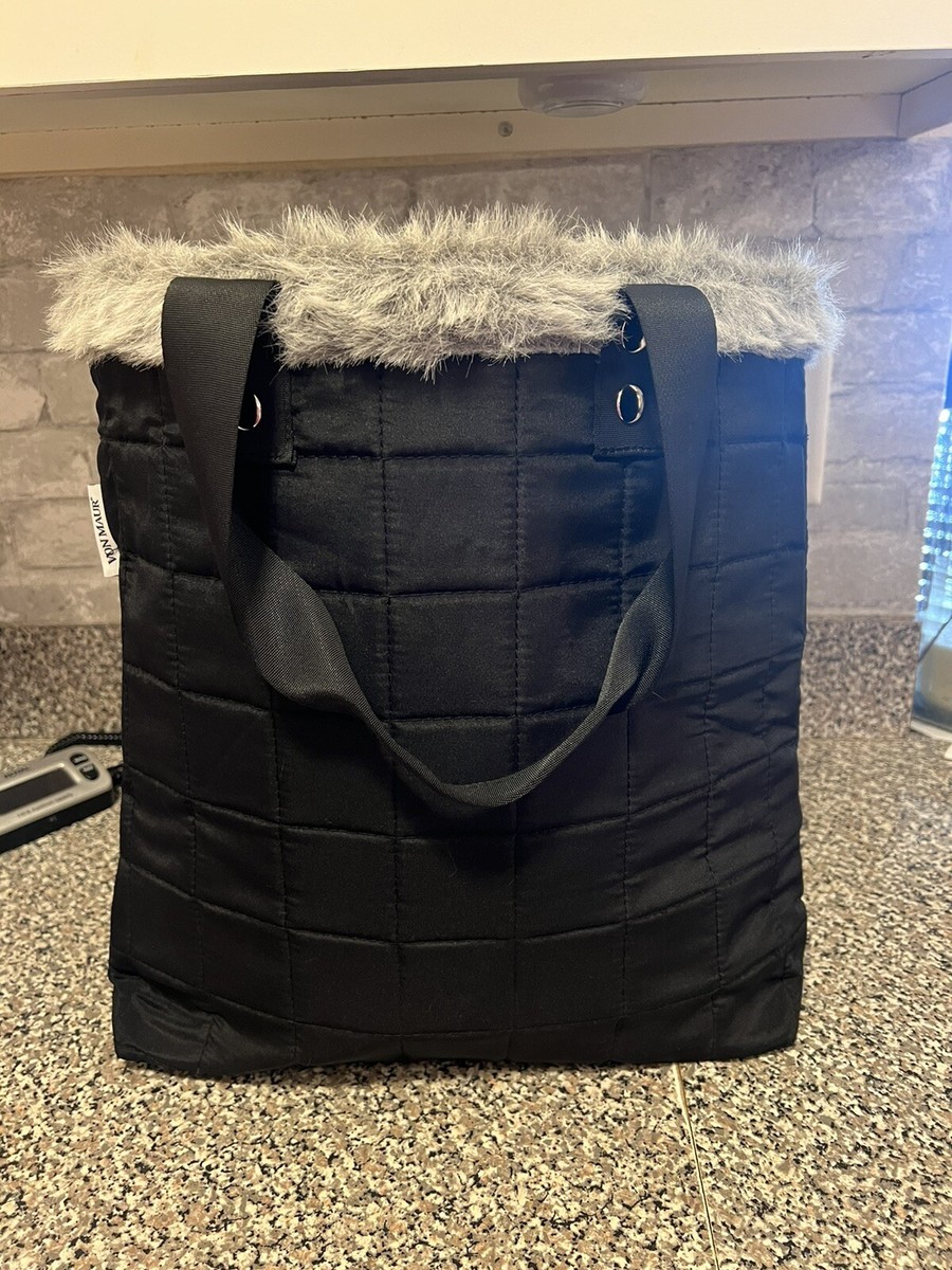 von maur Woman's Black Quilted Gray Faux Fur Trimmed Tote Bag