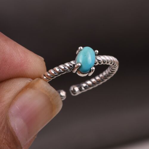 Oval Cut Natural Turquoise Twisted Rope Oxidized Band Ring For Birthday Gift - Picture 1 of 8