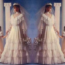 Vintage Tiered A Line Wedding Dresses High Neck Lace Appliques Victorian Bridal