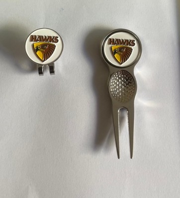 GOLF BALL MARKERS ENAMEL  - HAWTHORN HAWKS - ADD Divot Tool OR Hat Clip Packs