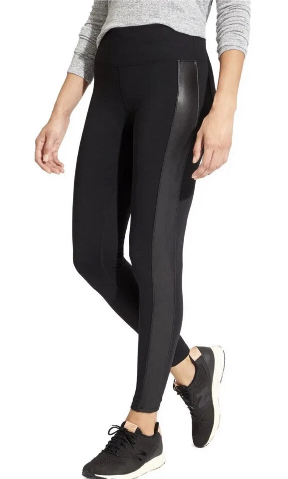 Athleta Size S Tux Metro Leggings Black Faux Leather Stripe Side Panel Pull On