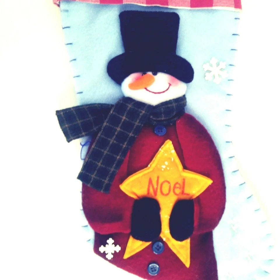 Medias de Navidad Muñeco de Nieve Atico 18" Fieltro Copos de Nieve Noel Azul Borde a Cuadros Foto 4 de 4