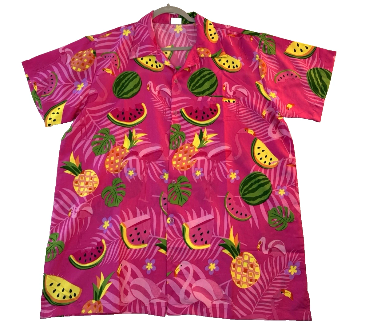 King Kameha Mens Pink Hawaiian Shirt XL Watermelon Flamingo Pineapple Print