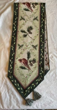 Tapestry Christmas Holiday Red Cardinal Pine End Tassles Table Runner 72”x13”