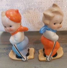 Vintage 1950s Goebel Hummel Salt  Pepper Shakers Boy And Girl Skiers Antique