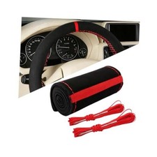 Car Steering Wheel Cover, 14.5-15" Suede Stitch-on Sweat Absorption Black Red