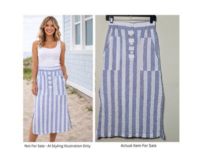 Ottod Ame Skirt Blue White Stripe 2 Cotton Gauzy Preppy Nautical Summer Cottage 