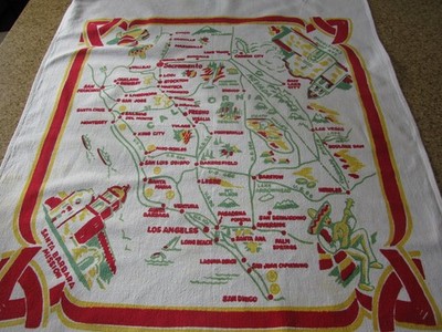 Vintage Heavy Cotton Broadcloth California Nevada Map Tablecloth 28  by 38 