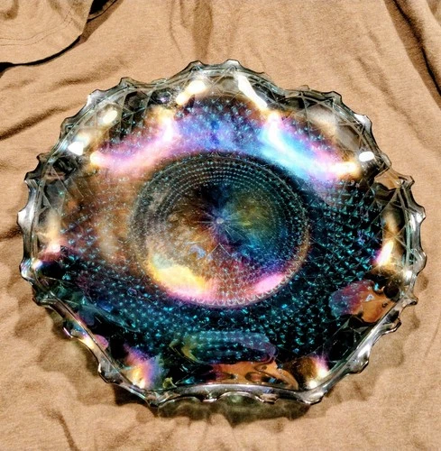 Vintage Blue Carnival Glass Plate 10” Iridescent Diamond Point Ruffled Edge