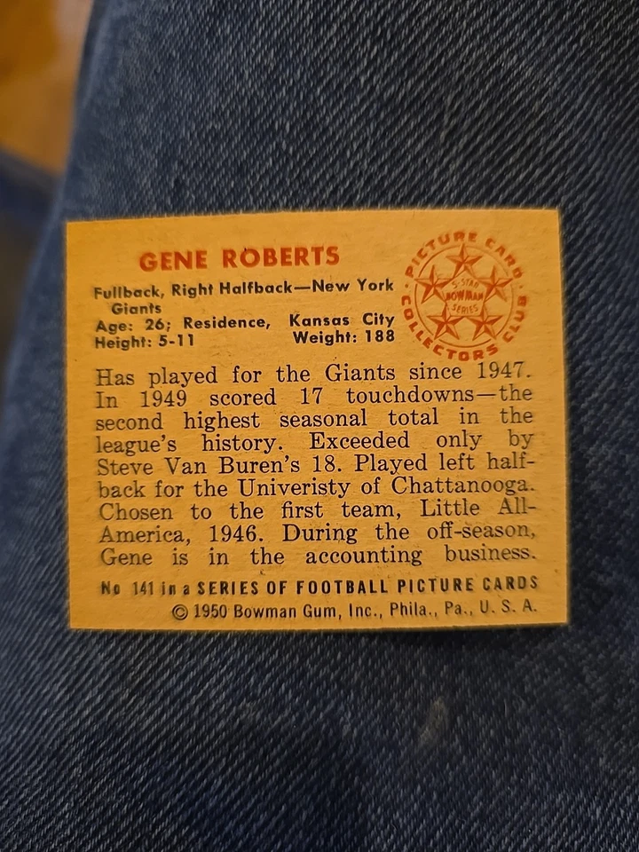   Bowman #141 1950 Gene Roberts - RC - Gigantes de Nueva York Foto 2 de 2
