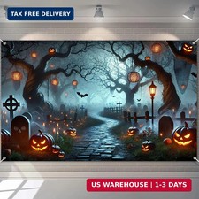 Halloween Banner 71x43 Inch Spooky Pathway Backdrop Banner with Pumpkin Lanterns