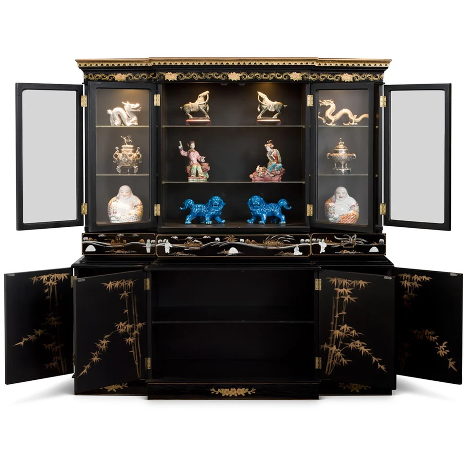 Vendedor dos EUA - Vitrine chinesa de laca preta motivo de donzela madrepérola - Imagem 2 de 4