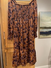 Nine West Brown/Black Floral Square Neck Smocked Ruffle Midi Dress M