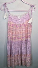 Lucky Brand Mixed Print Tie Strap Tiered Dress Boho Tassel Sundress Pink Size S