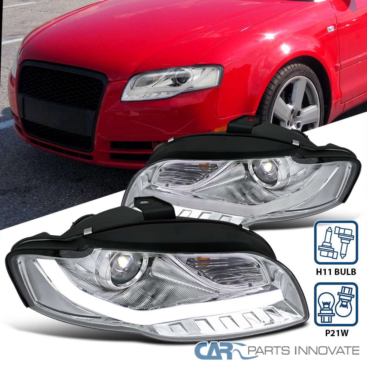 Fits 2006-2008 Audi A4 S4 B7 Projector Headlights LED Tube Head