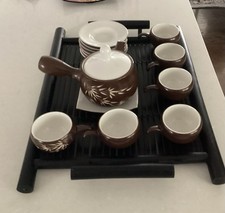 Japanese Tea Set. Brown w/ Bamboo Design. Teapot w/ strner, lid  tray, 6 cups