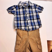 Cherokee Boys Plaid Short Sleeve Button Down Shirt Khaki Cargo Shorts Set 18M