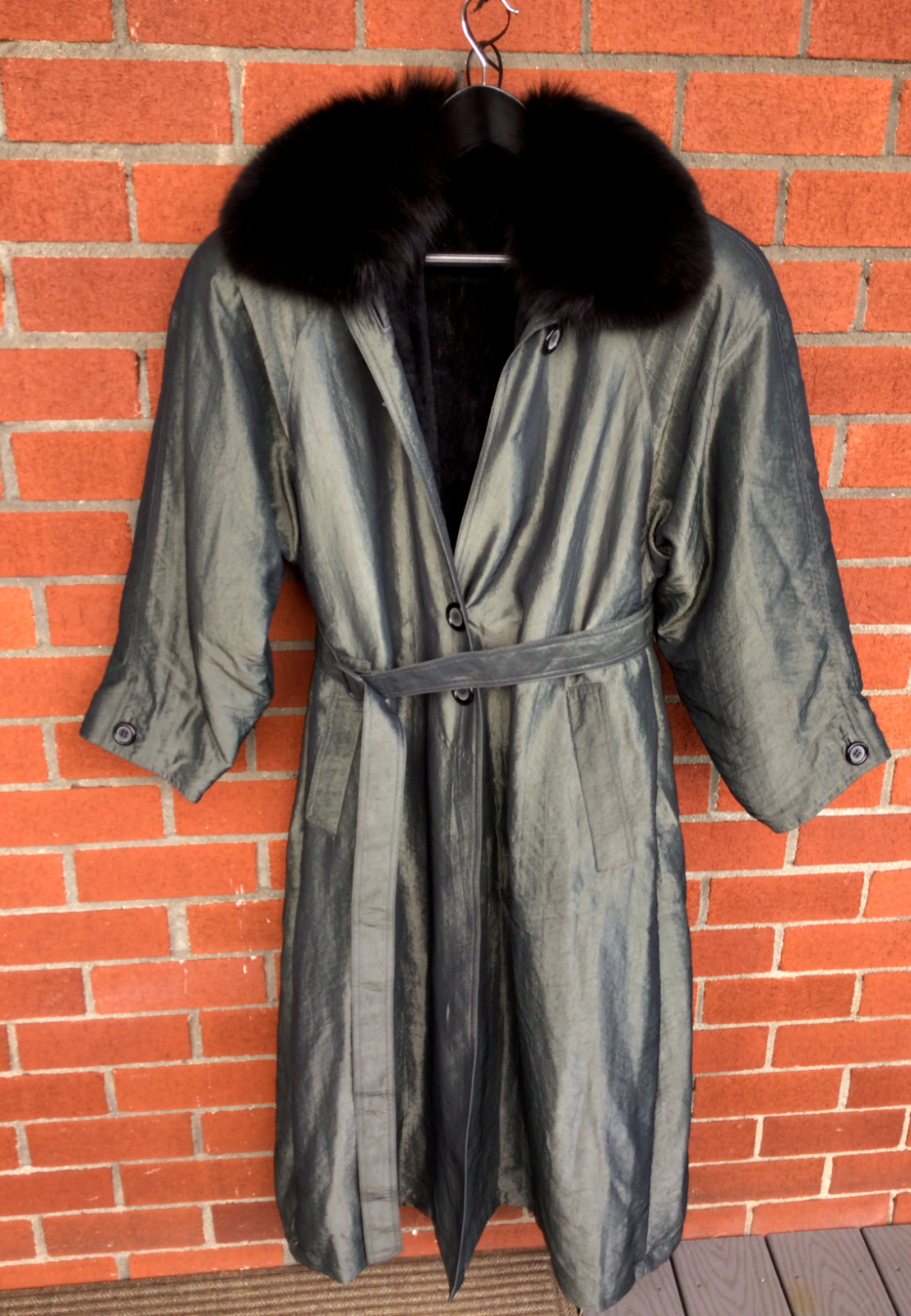 1980s Green Trench Rain Coat Black Sheared Rabbit Lining Fox Fur Collar Women L