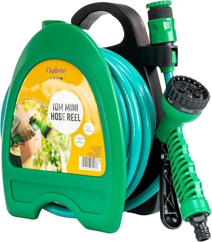 GloBrite Mini Hose Reel 10m 32ft Garden Hose Pipe Spray Gun Adjustable New
