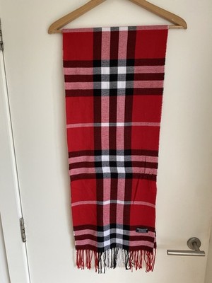 Vintage Burberry 100% Lammwolle Schal rot schwarz kariert England weich 33 cm x 168 cm