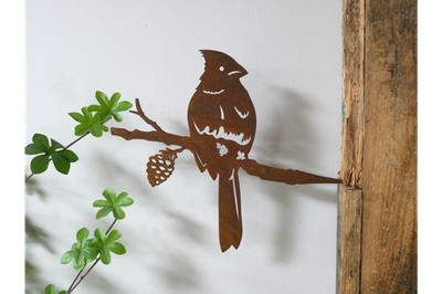 Bird Stake, Rusty Metal Parrot Perched Bird On Branch Tree Spike, Garden Art