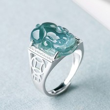 Natural A-grade jadeite blue water Pixiu ring with adjustable jade