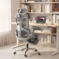 Ergonomischer Bürostuhl, Schreibtischstuhl aus Netz mit hoher Rückenlehne, grau