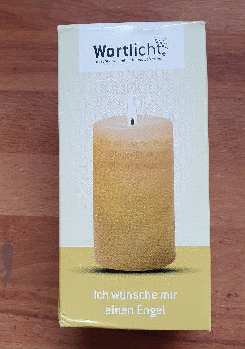 Wortlicht Stumpenkerze "Ich wünsche mir einen Engel " Höhe 14cm beige