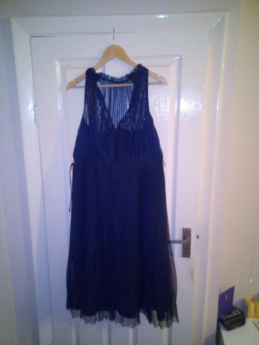 New Coast Navy Blue Ruffle Mesh Pleated Midi Dress UK Size 16