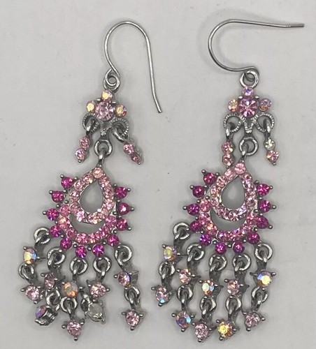 Silver Tone Pink And Aurora Borealis Rhinestones Dangle Drop Earrings