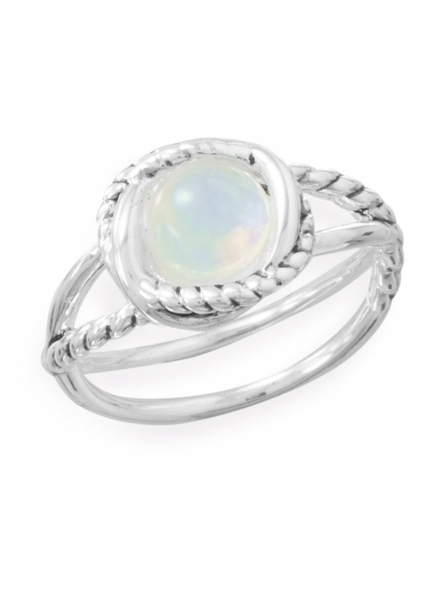 Round Rainbow Moonstone Ring with Cross Cross Band Rope Design Sterling Silver Round Rainbow Moonstone Ring with Cross Cross Band Rope Design Sterling Silver