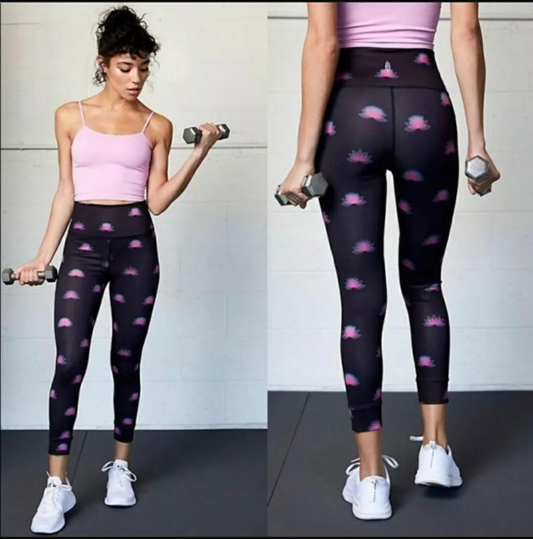 FREE PEOPLE FP MOVEMENT High Waist Black with Pink Lotus Leggings Size: XS