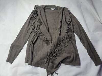 Repeat Easy Knit Brown 100% Merino Wool Open Cardigan Fringes  Womens Small