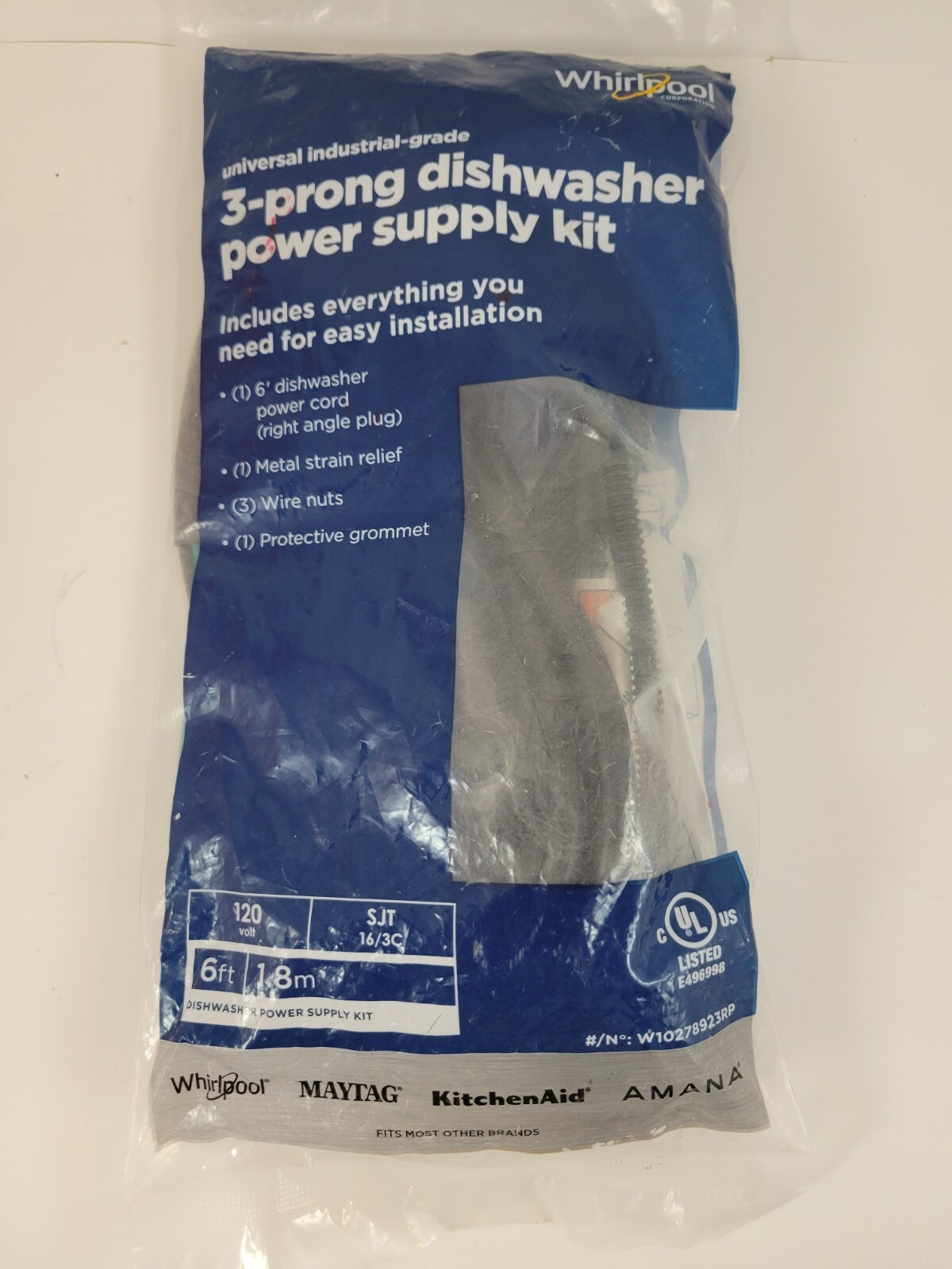 OEM Whirlpool 6 Ft 3Prong Dishwasher Power Supply Kit W10278923RP