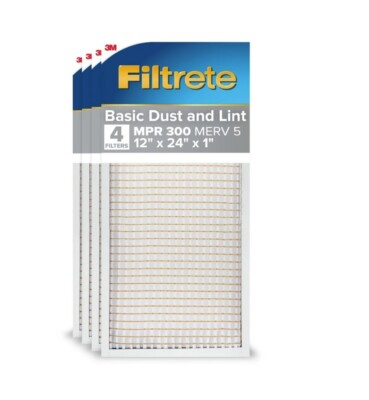 Filtrete 12x24x1 Air Filter, MPR 300 MERV 5, Dust Reduction, 4 Filters