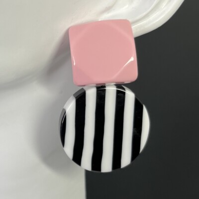 Layered Lucite Stripe Earrings Pink Black White Pierced Post Modern Art