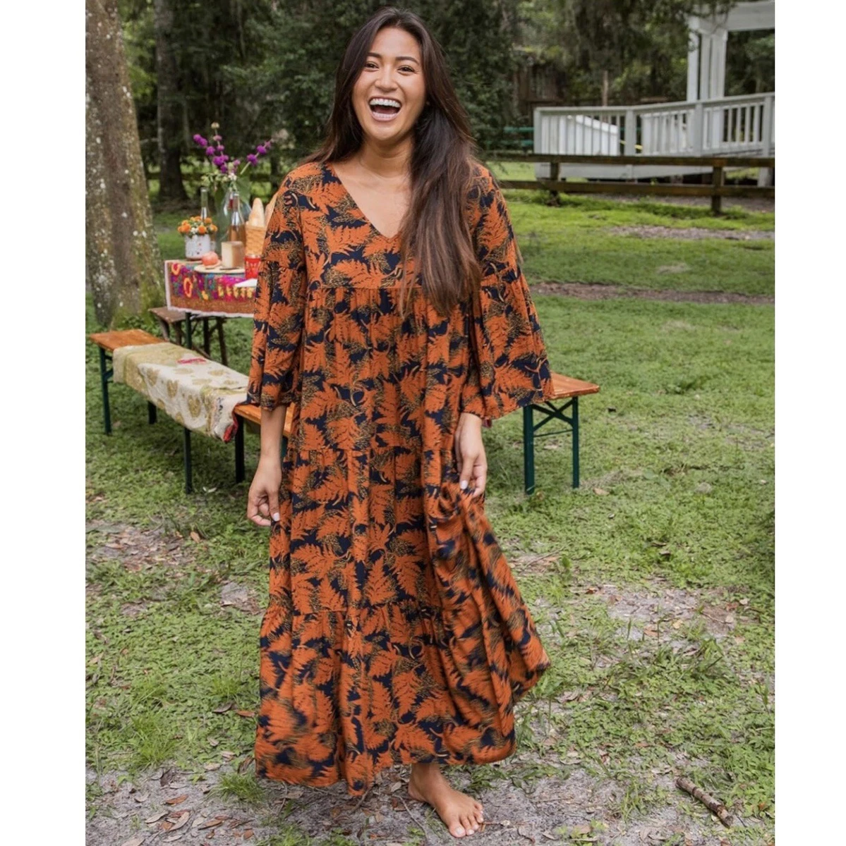 Natural Life Charlotte Maxi Dress Fall Leaf Print Tiered V neck boho Flowy Fall