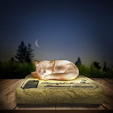 Solar Light Cat Memorial Garden Stones with a Sleeping Kitty Statue - Auto Glow