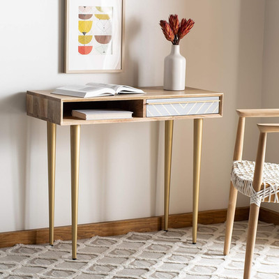 Home Office Leni Modern Natural and Grey and Brass 1-Drawer Desk