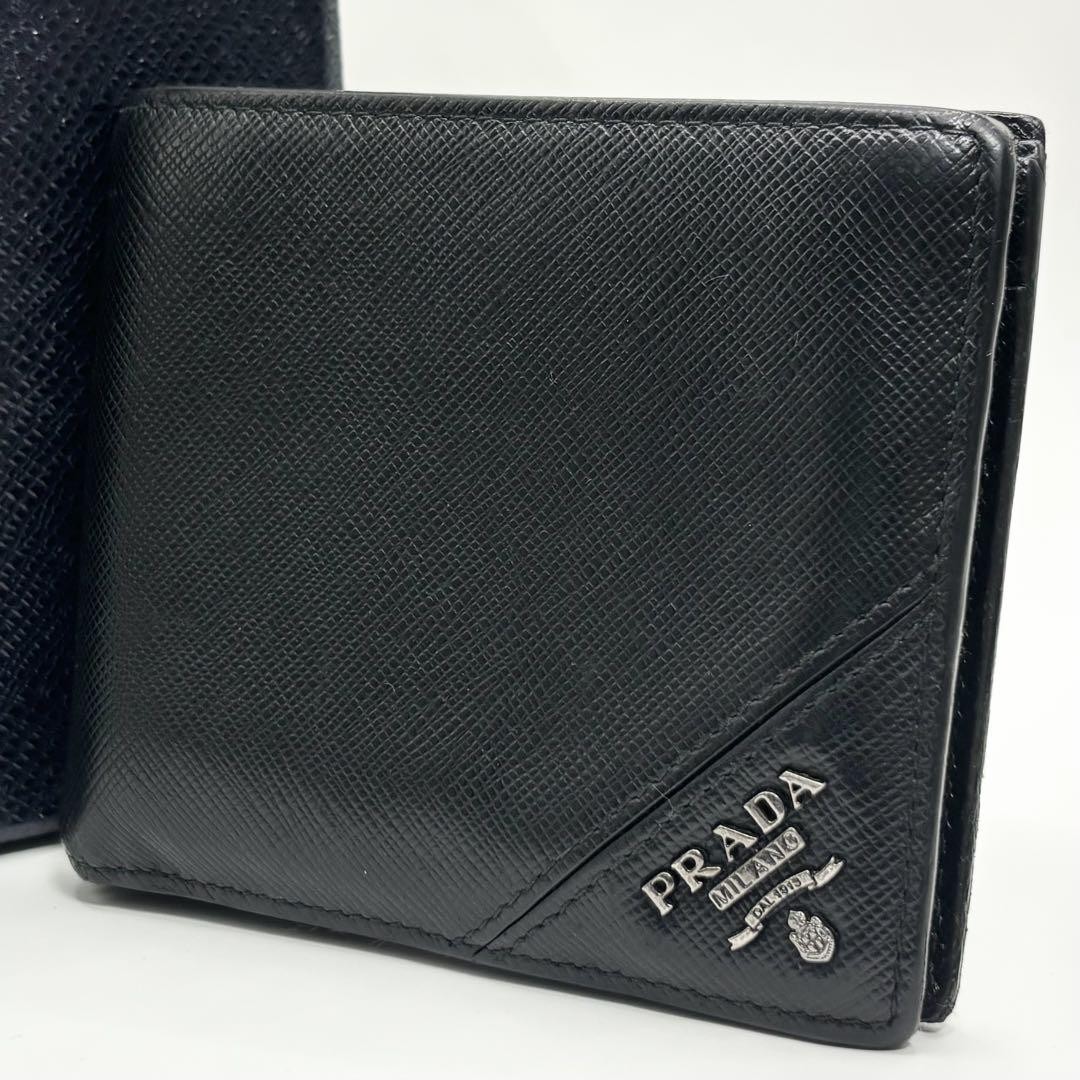 Prada Saffiano Leather Bifold Wallet Black with Metal Logo Authentic Pre-Owned
