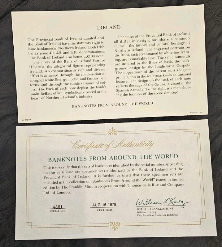 Bank Of Ireland COMPLETE SPECIMEN SET 1978 #4881 w/COA MINT CONDITION RARE - Image 3 of 3