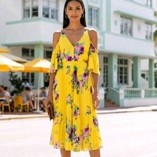 ASOS Yellow Floral Pleated Midi Tea Dress Cold Shoulder Wedding Guest UK 6 NWT