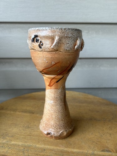 Vintage Tan Swirl Primitive Wood Fired Art Pottery Chalice Goblet 8" Signed