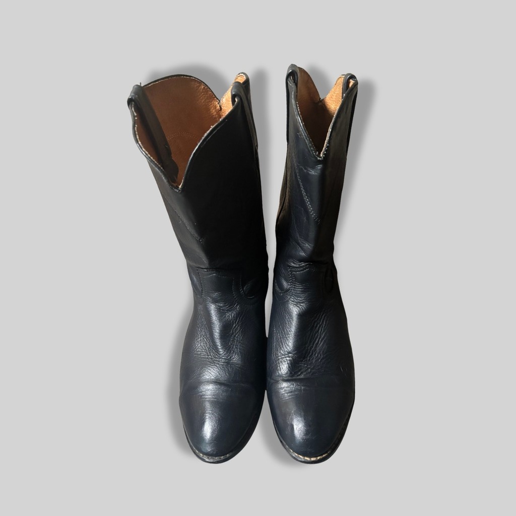 Acme Cowboy Western Boots Roper Style Leather Pull On Square Toe Black Men's 10D