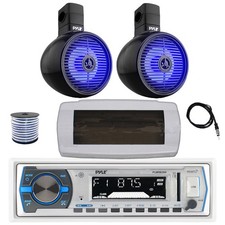 Pyle Bluetooth Marine Radio,Cover, Antenna,Wire, 2x 8" 300W LED Black Speaker